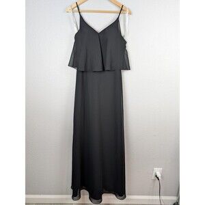 Azazie Dress Womens 6 Black Maxi Formal Gown Adjustable Straps Elegant Overlay